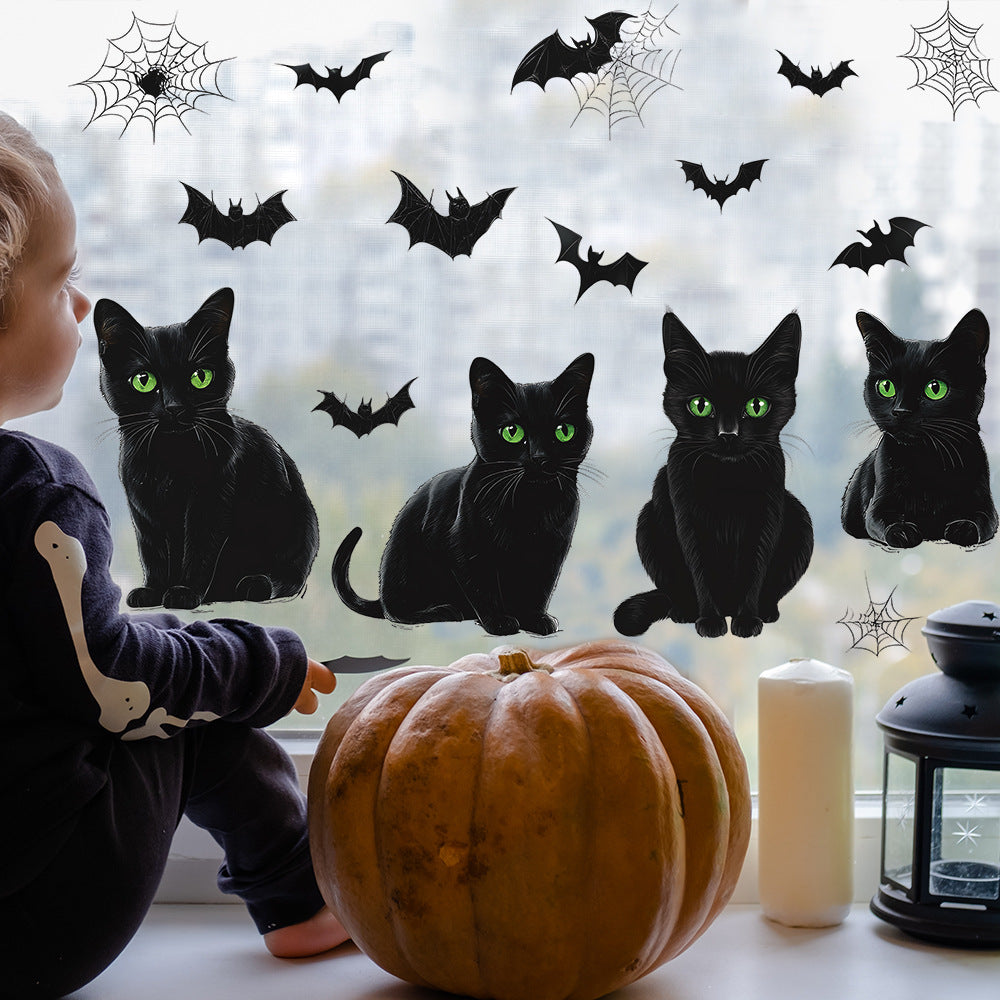 🎃 Halloween Window Stickers – Black Cats with Green Eyes & Flying Bats 👀🐱🦇 Kawaii Stickers