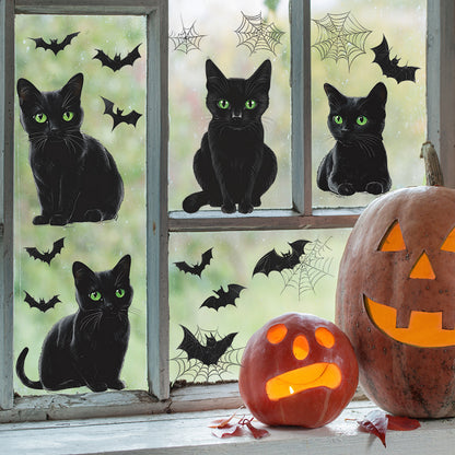 🎃 Halloween Window Stickers – Black Cats with Green Eyes & Flying Bats 👀🐱🦇 Kawaii Stickers