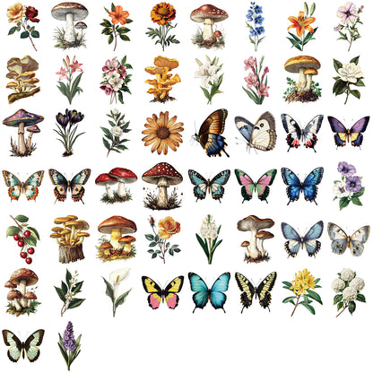 50pcs Transparent Vintage Butterfly & Plant Stickers | Waterproof PET Stickers for Journals, Notebooks, Cups & Guitars Kawaii Stickers