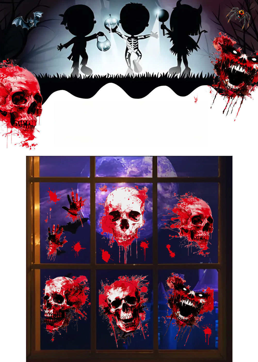 Halloween Scary Skull & Bloody Handprint Window Stickers – Product Detail Page 🎃🩸👻 Kawaii Stickers