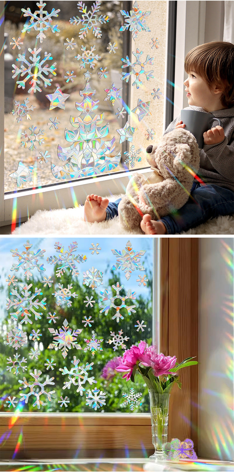🎄 Holographic Snowflake Window Stickers – Christmas Reindeer & Festive Glass Decor ❄️✨ Kawaii Stickers