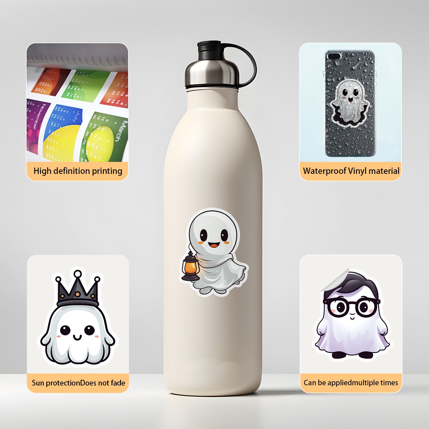 🎃 50pcs Cute Halloween Stickers – Ghost & Pumpkin Waterproof Vinyl Decals for Laptop, Skateboard, Water Bottle Kawaii Stickers