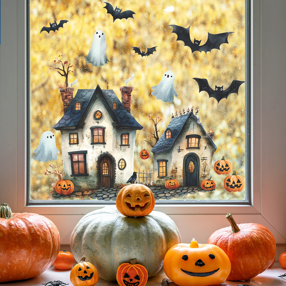 🏰🎃 Cute Halloween Castle Window Stickers – Static Cling Glass Decals with Pumpkins & Ghosts – Holiday Home Decor Kawaii Stickers