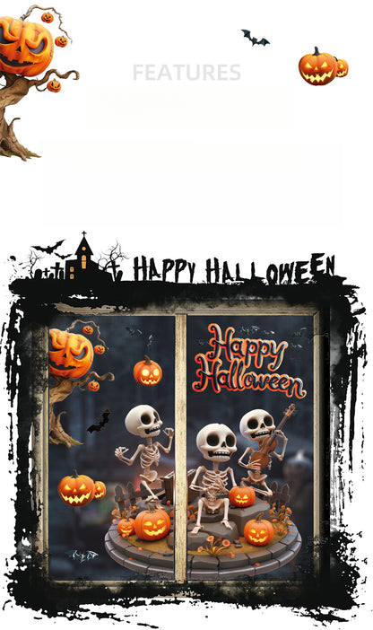 Halloween Skull & Pumpkin Window Stickers – Fun & Festive Static Cling 🎃🎶💀 Kawaii Stickers