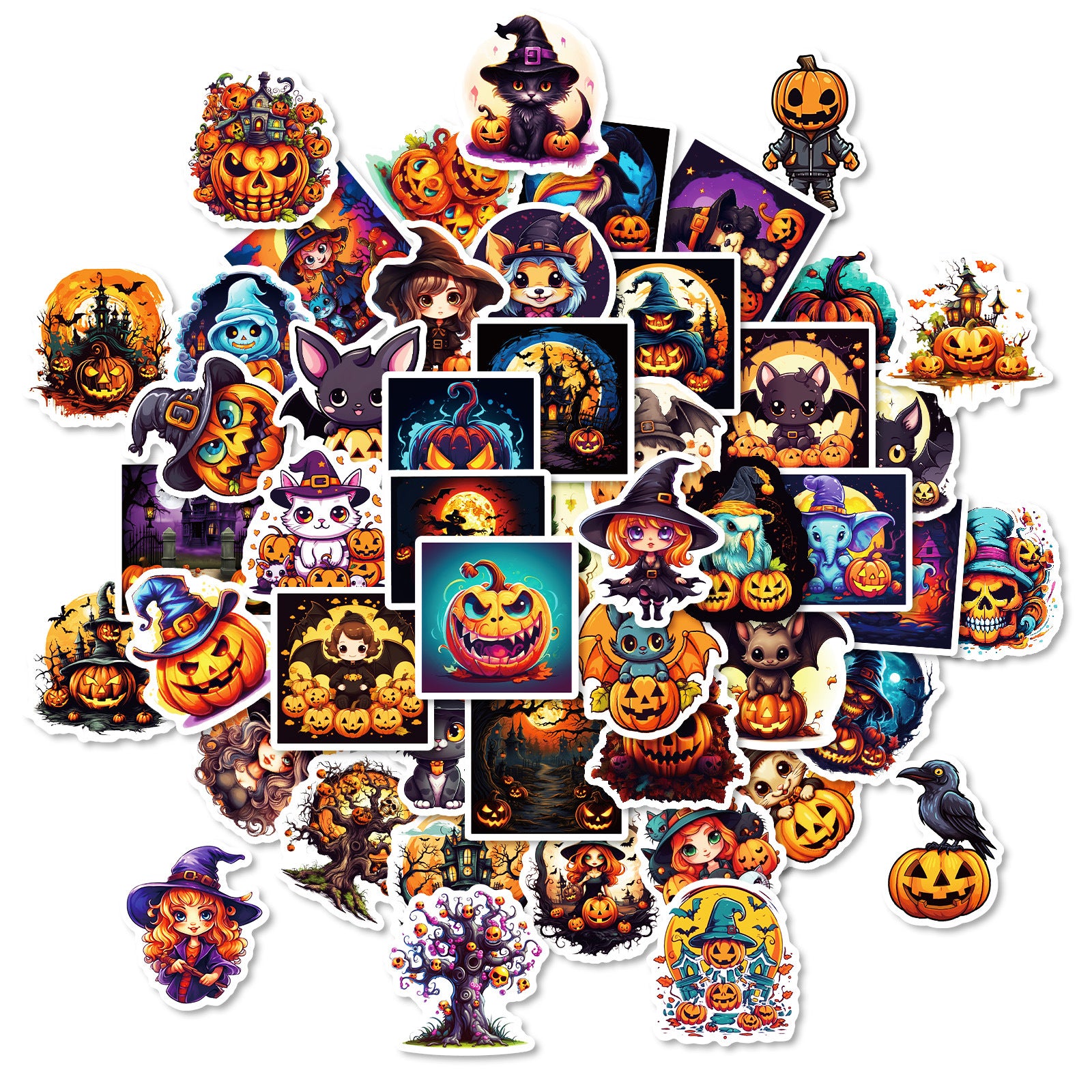 50pcs Halloween Pumpkin & Witch Stickers – Spooky Skull, Black Cat & Horror Doodle Decals Kawaii Stickers