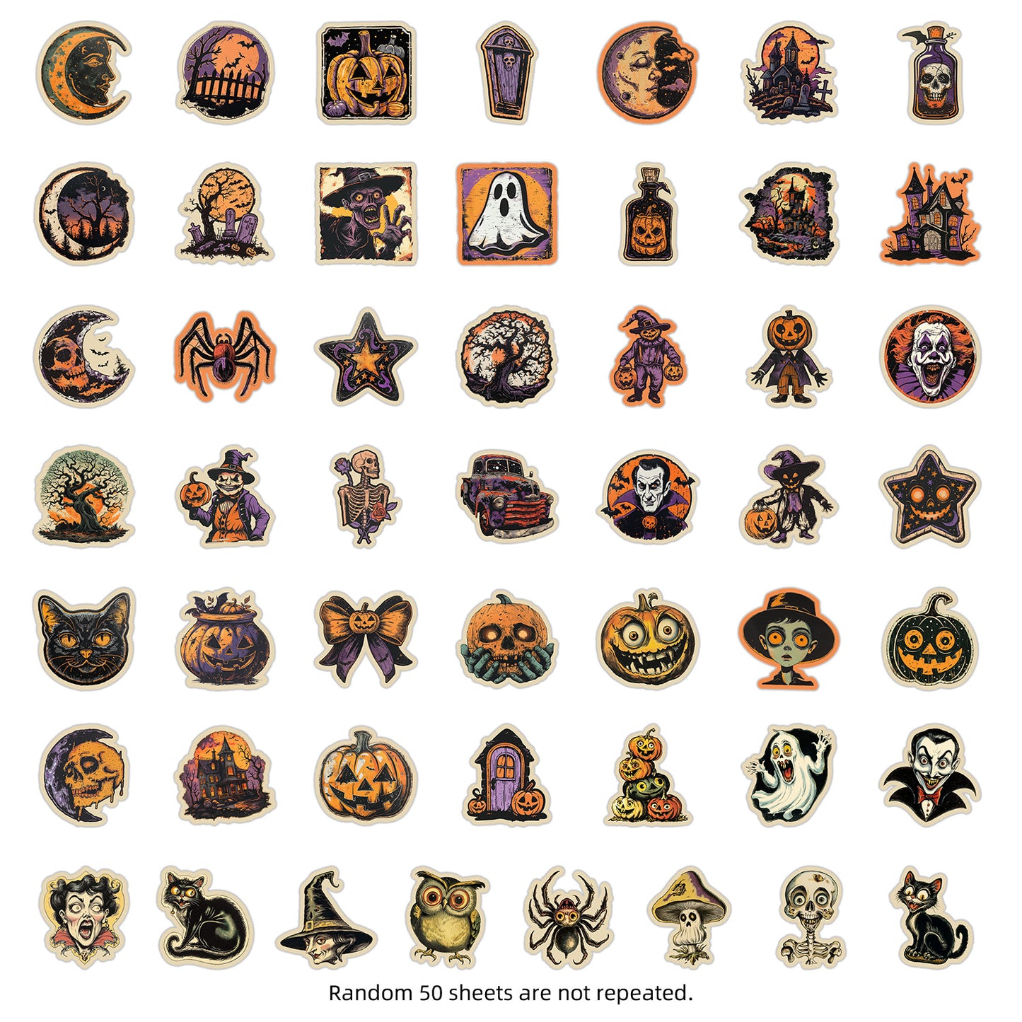 🎃 50pcs Vintage Halloween Stickers Pack – Waterproof Retro PVC Laptop & Water Bottle Decals Kawaii Stickers
