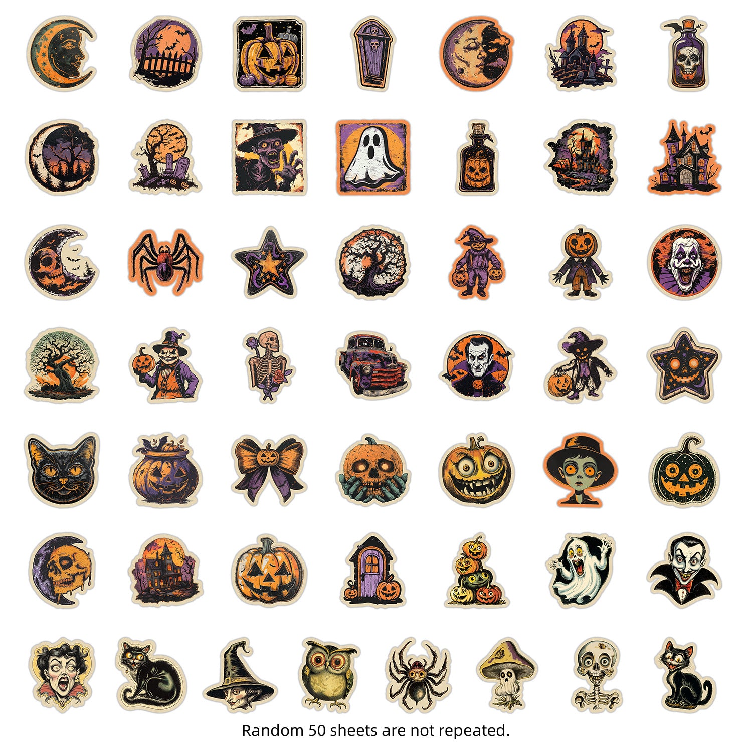 🎃 50pcs Vintage Halloween Stickers Pack – Waterproof Retro PVC Laptop & Water Bottle Decals Kawaii Stickers