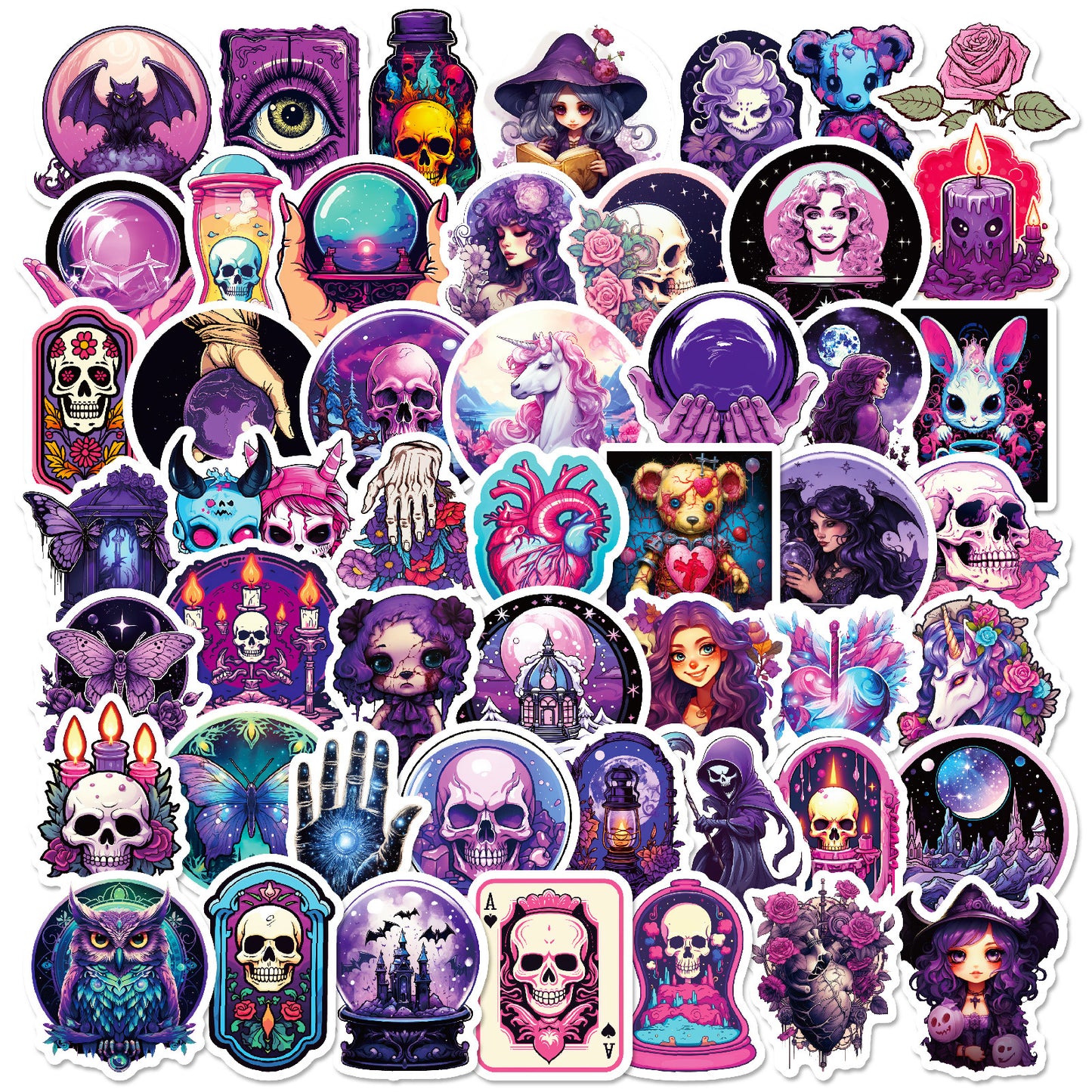 Halloween Stickers | 50pcs Purple Gothic Skull Halloween Sticker Pack