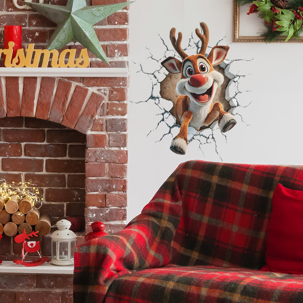 🦌 3D Break-Through Reindeer Christmas Wall Stickers – Self-Adhesive PVC Kawaii Stickers