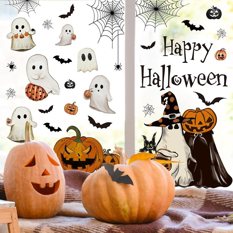 Happy Halloween Window Stickers – Ghosts, Pumpkins & Bats – Static-Cling PVC Wall & Glass Decals for Spooky Home Party Décor 👻🕷️🌙 Kawaii Stickers