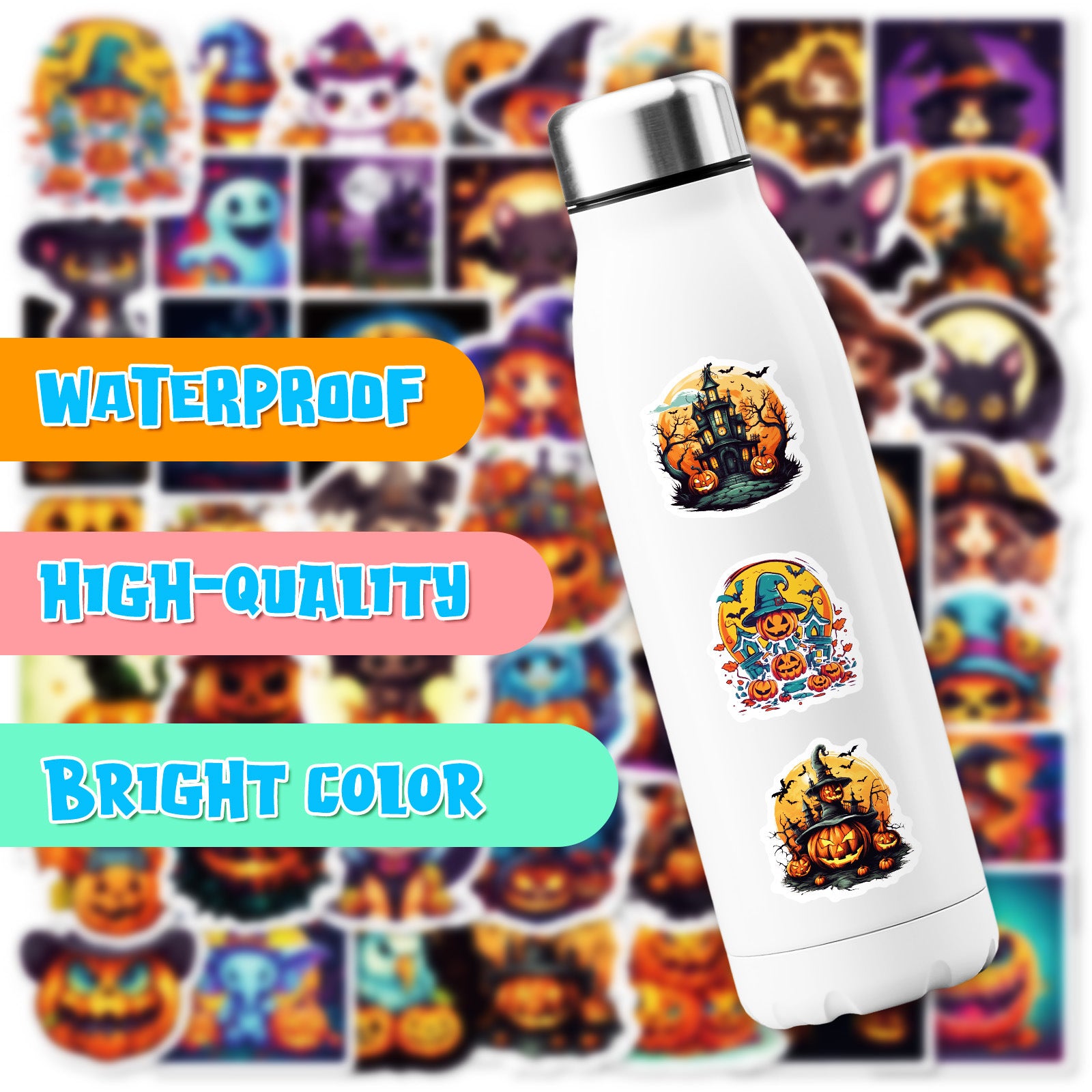 50pcs Halloween Pumpkin & Witch Stickers – Spooky Skull, Black Cat & Horror Doodle Decals Kawaii Stickers