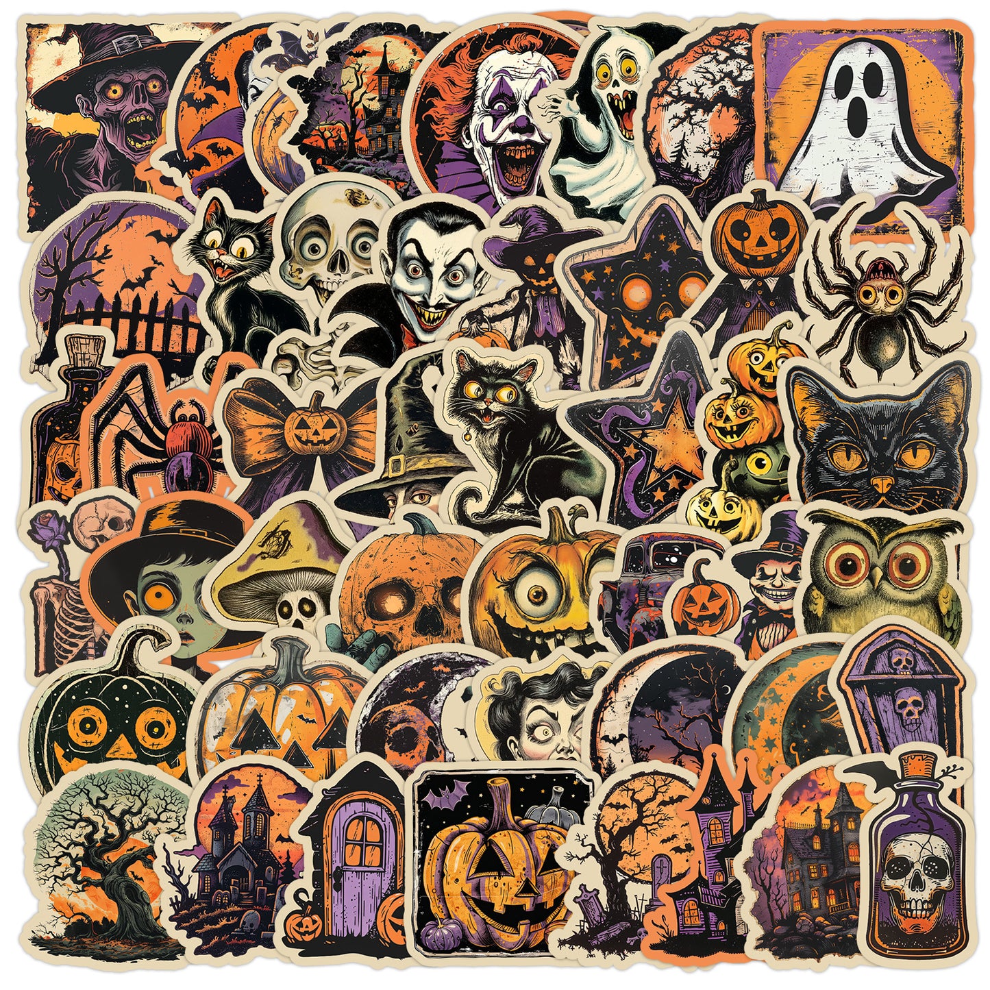🎃 50pcs Vintage Halloween Stickers Pack – Waterproof Retro PVC Laptop & Water Bottle Decals Kawaii Stickers