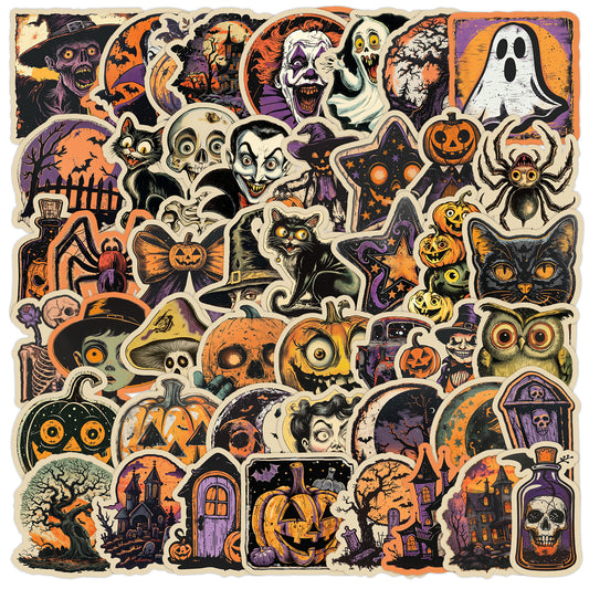 🎃 50pcs Vintage Halloween Stickers Pack – Waterproof Retro PVC Laptop & Water Bottle Decals Kawaii Stickers