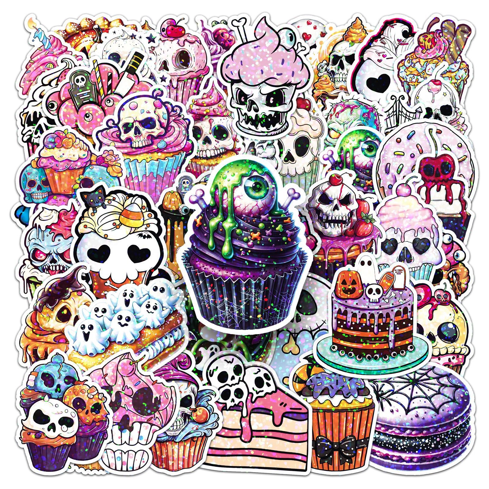 🎃 50 Pcs Halloween Holographic Stickers – Skull, Cake & DIY Designs Kawaii Stickers