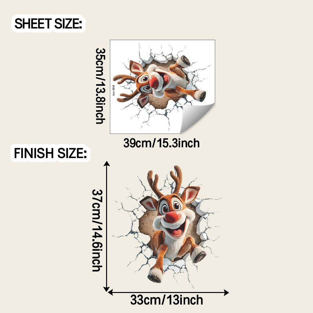 🦌 3D Break-Through Reindeer Christmas Wall Stickers – Self-Adhesive PVC 35*39cm Kawaii Stickers