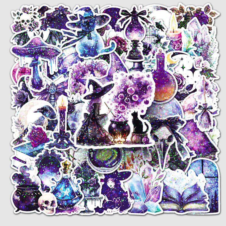✨ 50 pcs Holographic Stickers Halloween Witch Stickers – Magic Laser PVC Waterproof Set ✨🎃🧙‍♀️ Kawaii Stickers