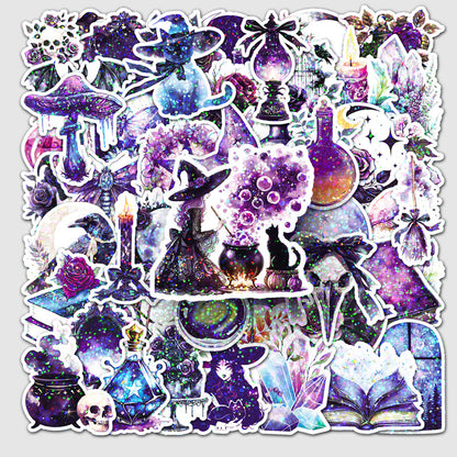 ✨ 50 pcs Holographic Stickers Halloween Witch Stickers – Magic Laser PVC Waterproof Set ✨🎃🧙‍♀️ Kawaii Stickers
