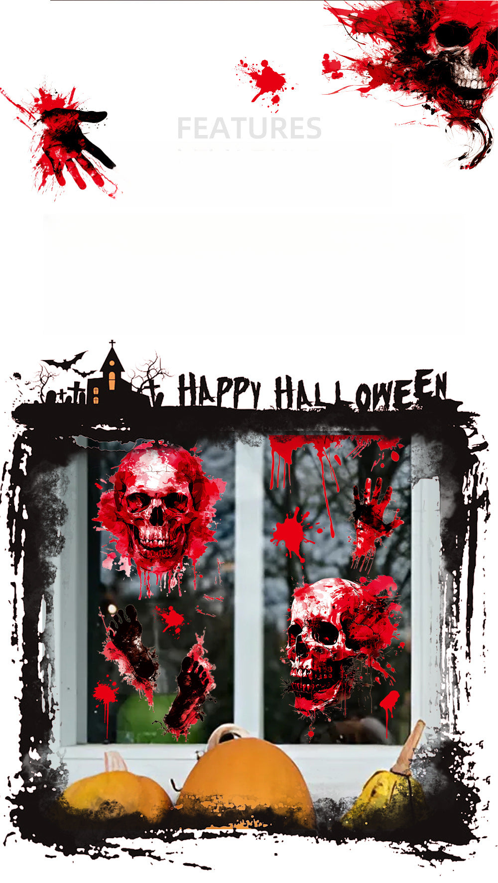 Halloween Scary Skull & Bloody Handprint Window Stickers – Product Detail Page 🎃🩸👻 Kawaii Stickers