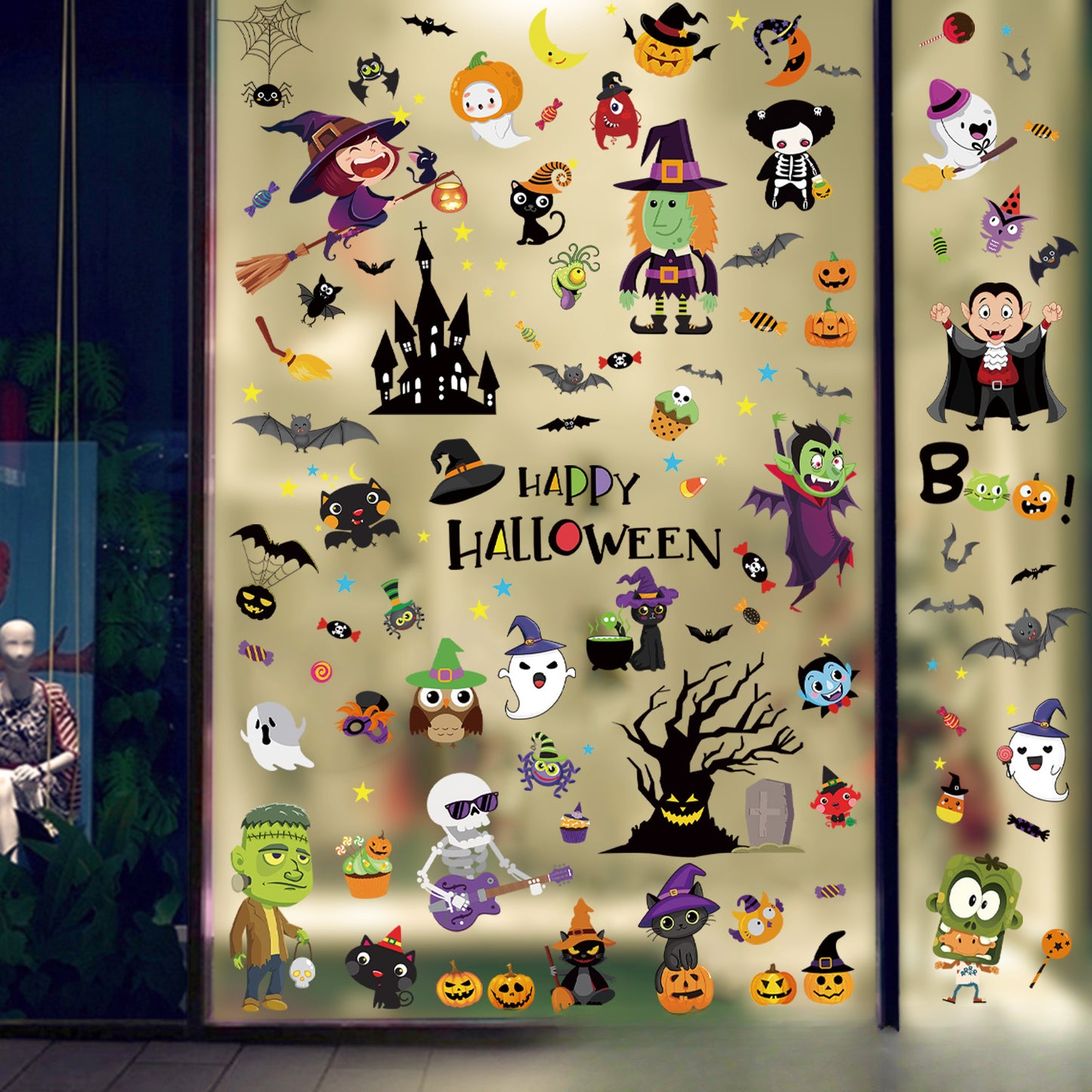 🎃 Halloween Window Stickers – Haunted House, Witch & Bat Static-Cling Decals – Double-Sided Print, Reusable Glass Wall Door Decorations Kawaii Stickers