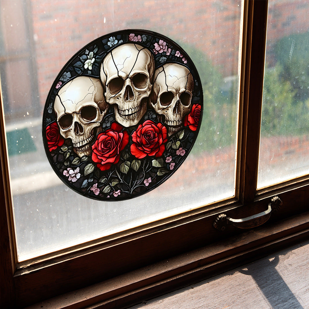 🎃 Halloween Round Skull & Rose Static Window Stickers – No Glue, Just Static Magic 🌹💀 Kawaii Stickers