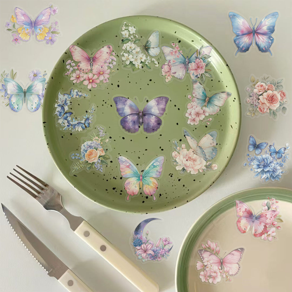 50pcs Colorful Butterfly & Flower Stickers 🦋🌸 Waterproof Transparent PET | Planner - Water Bottle -Guitar Decals Kawaii Stickers