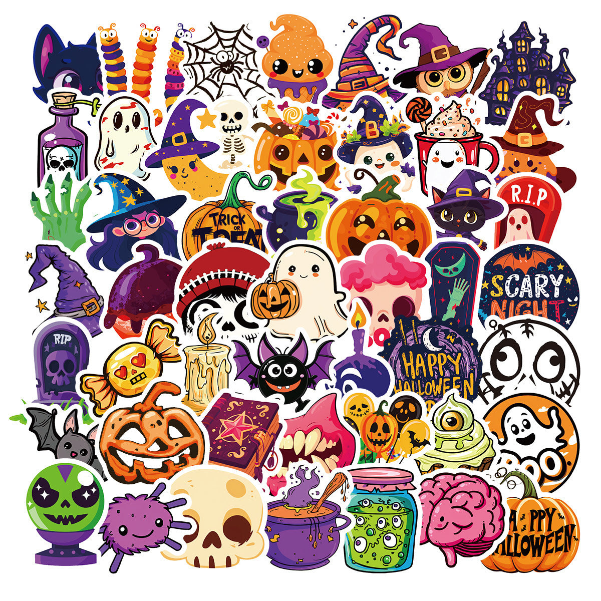 Halloween Stickers – 50Pcs Cute Ghost, Spider & Bat Cartoon DIY Stickers