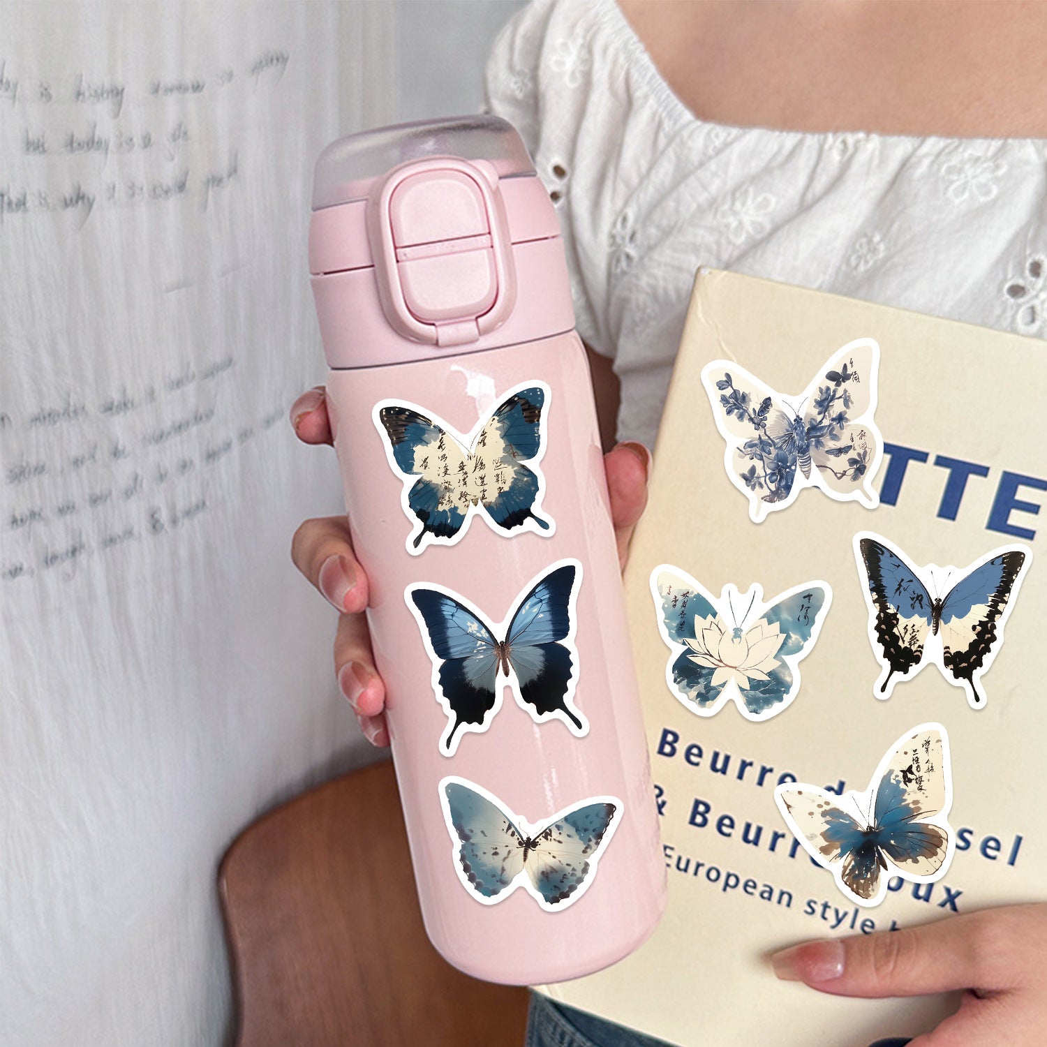 🦋🎨50pcs Ink-Style Butterfly Stickers Book | Waterproof PET Oriental Art Stickers for Journals, Notebooks, Water Cups ☕ & DIY Crafts Kawaii Stickers