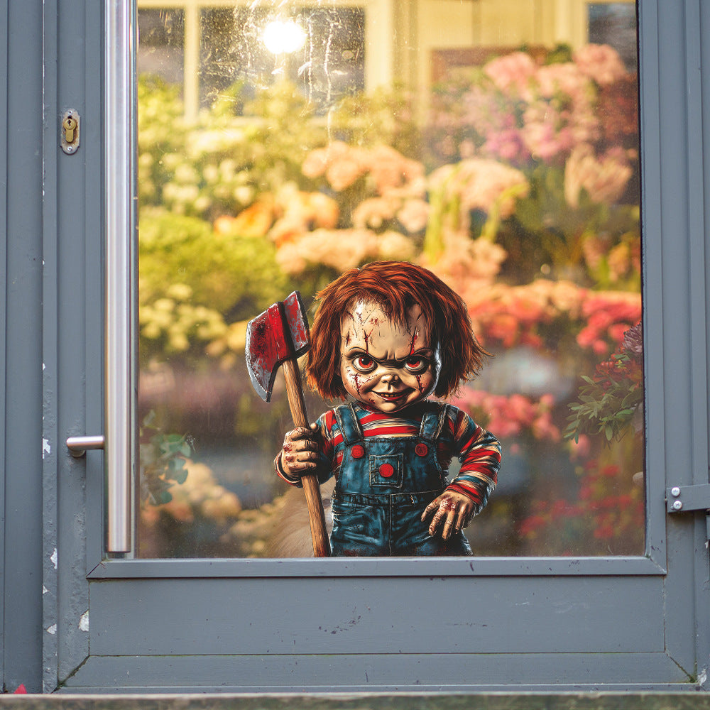 🎃 Halloween Horror Little Demon with Axe Static Window Stickers – No Glue 🕷️ Kawaii Stickers