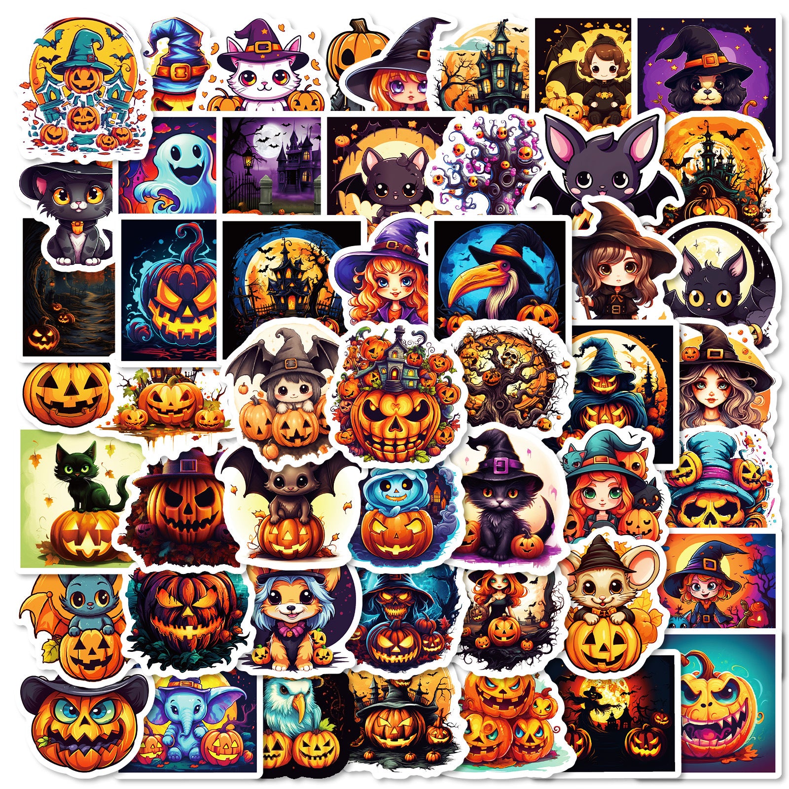 50pcs Halloween Pumpkin & Witch Stickers – Spooky Skull, Black Cat & Horror Doodle Decals Kawaii Stickers