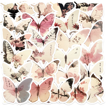 🦋🎨50pcs Ink-Style Butterfly Stickers Book | Waterproof PET Oriental Art Stickers for Journals, Notebooks, Water Cups ☕ & DIY Crafts Kawaii Stickers