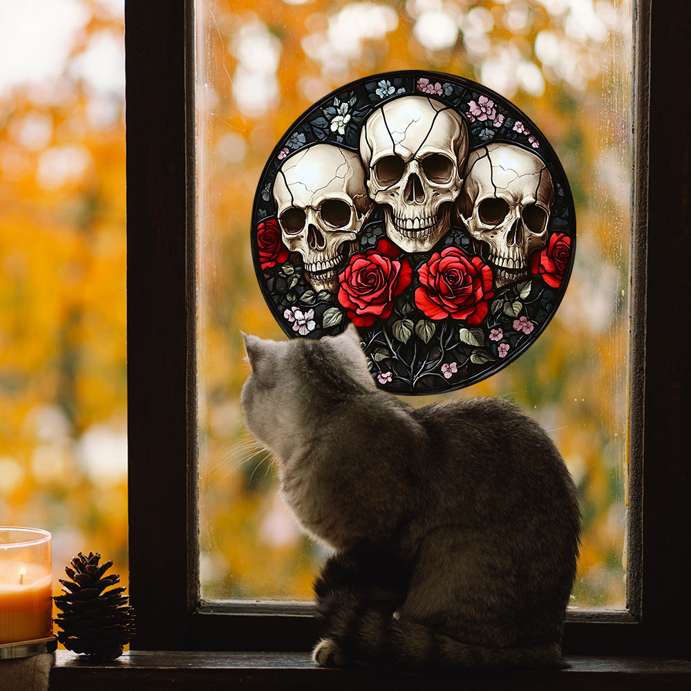 🎃 Halloween Round Skull & Rose Static Window Stickers – No Glue, Just Static Magic 🌹💀 Kawaii Stickers