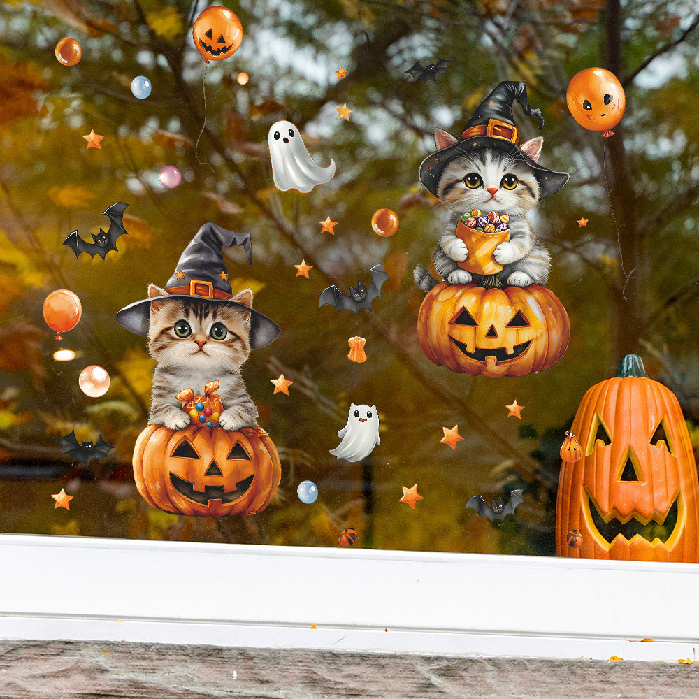 🐱🎃 Halloween Cat Window Stickers – Cute Cartoon Pumpkin & Bat Static Cling Decals – Home & Party Glass Decor Kawaii Stickers