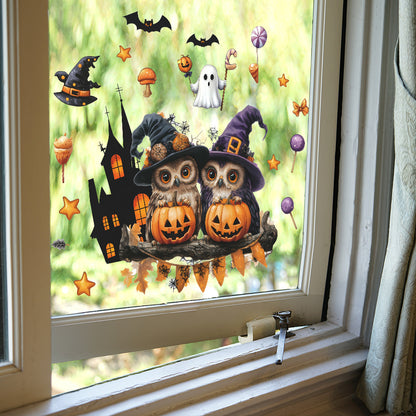 🎃 Halloween Window Stickers – Cute Pumpkin Owl Static Cling 🎃 Kawaii Stickers