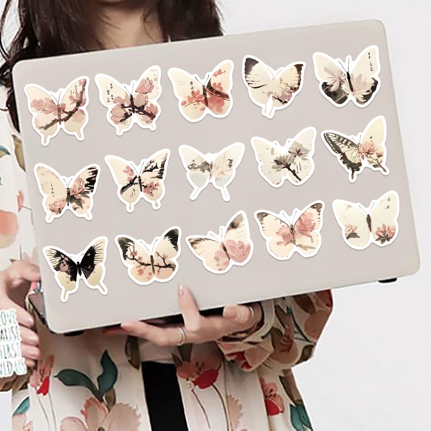 🦋🎨50pcs Ink-Style Butterfly Stickers Book | Waterproof PET Oriental Art Stickers for Journals, Notebooks, Water Cups ☕ & DIY Crafts Kawaii Stickers