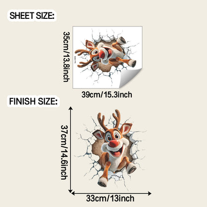 🦌 3D Break-Through Reindeer Christmas Wall Stickers – Self-Adhesive PVC Kawaii Stickers