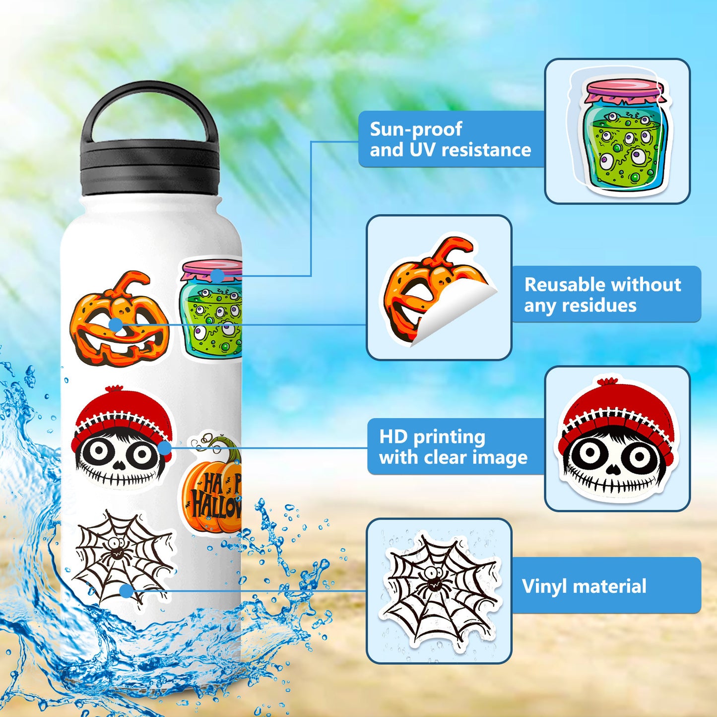 Halloween Stickers – 50Pcs Cute Ghost, Spider & Bat Cartoon DIY Stickers