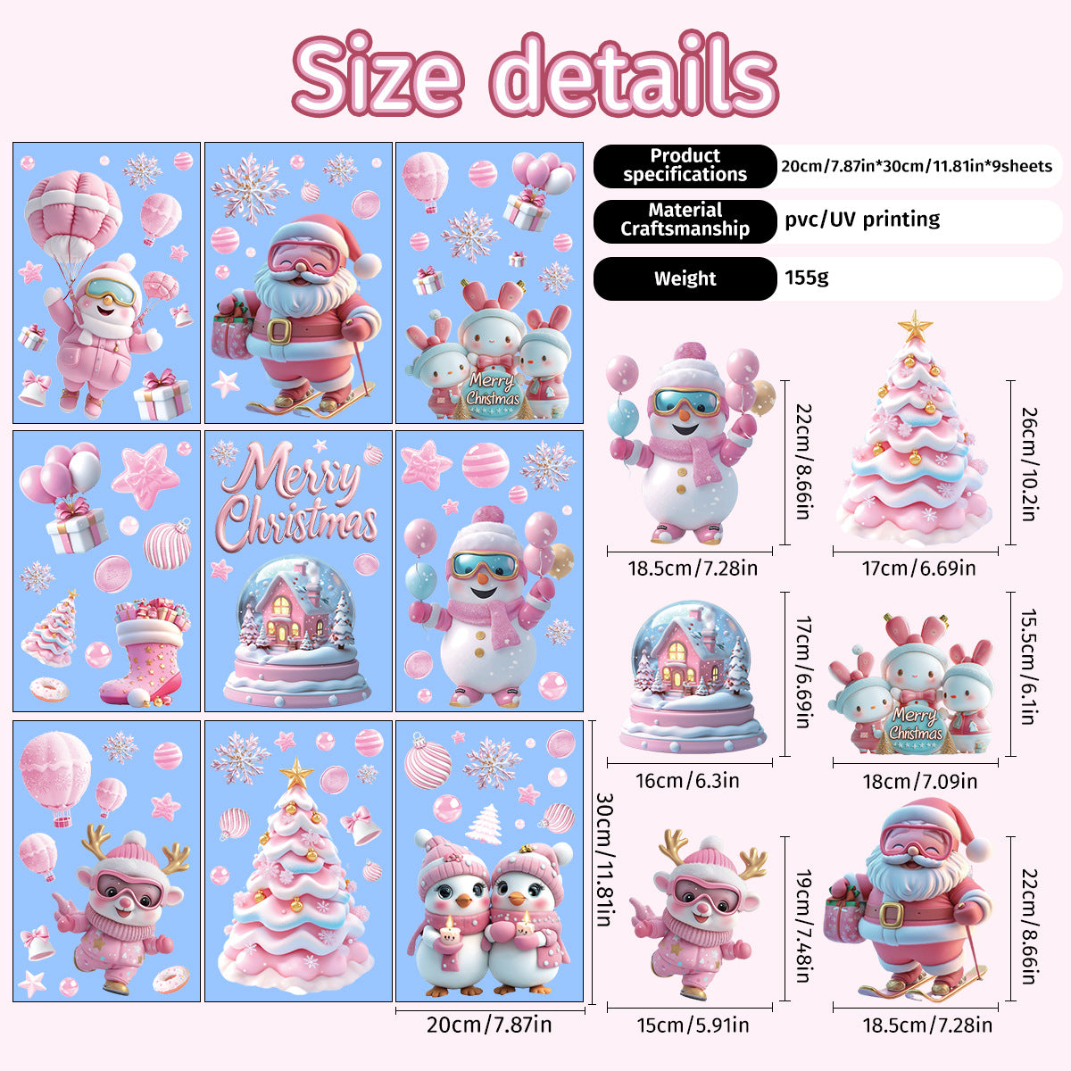 Cute Pink Christmas Window Stickers for Holiday Decor