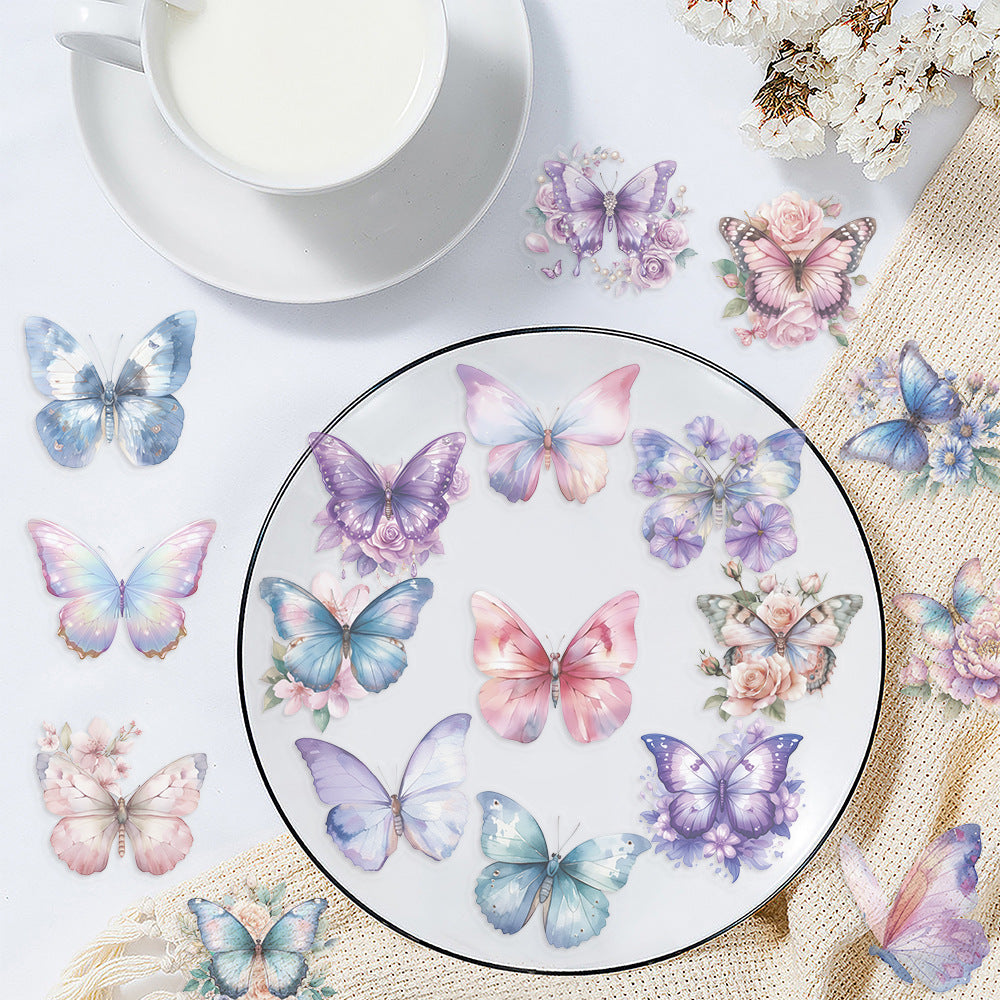 50pcs Colorful Butterfly & Flower Stickers 🦋🌸 Waterproof Transparent PET | Planner - Water Bottle -Guitar Decals Kawaii Stickers