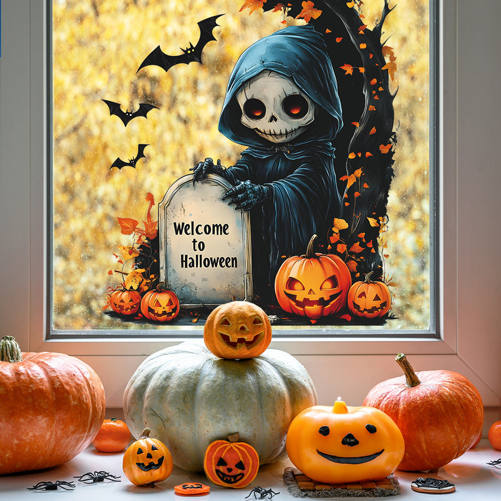 💀 Halloween Static Window Stickers – Skull & Pumpkin Scene 🎃 Kawaii Stickers