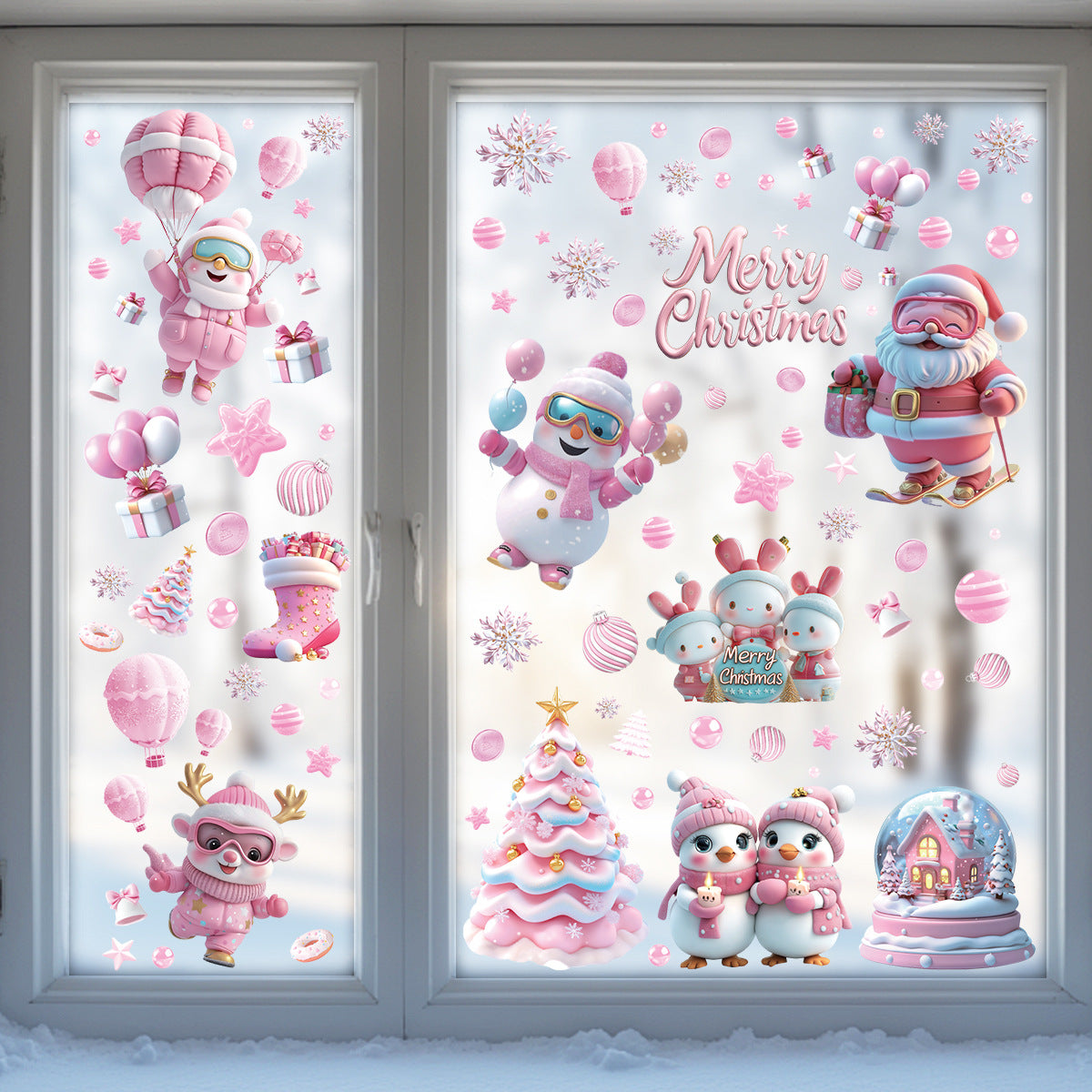 Cute Pink Christmas Window Stickers for Holiday Decor