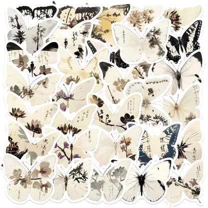 🦋🎨50pcs Ink-Style Butterfly Stickers Book | Waterproof PET Oriental Art Stickers for Journals, Notebooks, Water Cups ☕ & DIY Crafts Kawaii Stickers