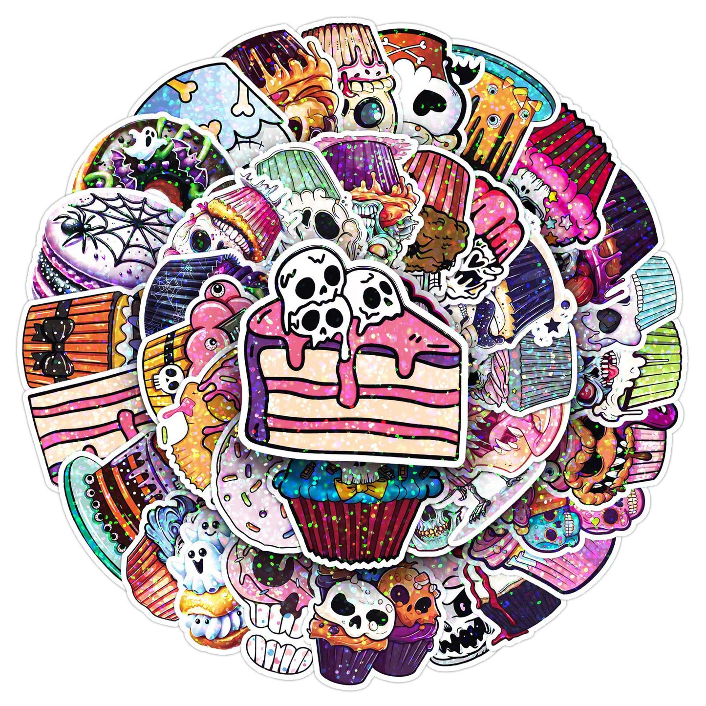 🎃 50 Pcs Halloween Holographic Stickers – Skull, Cake & DIY Designs Kawaii Stickers