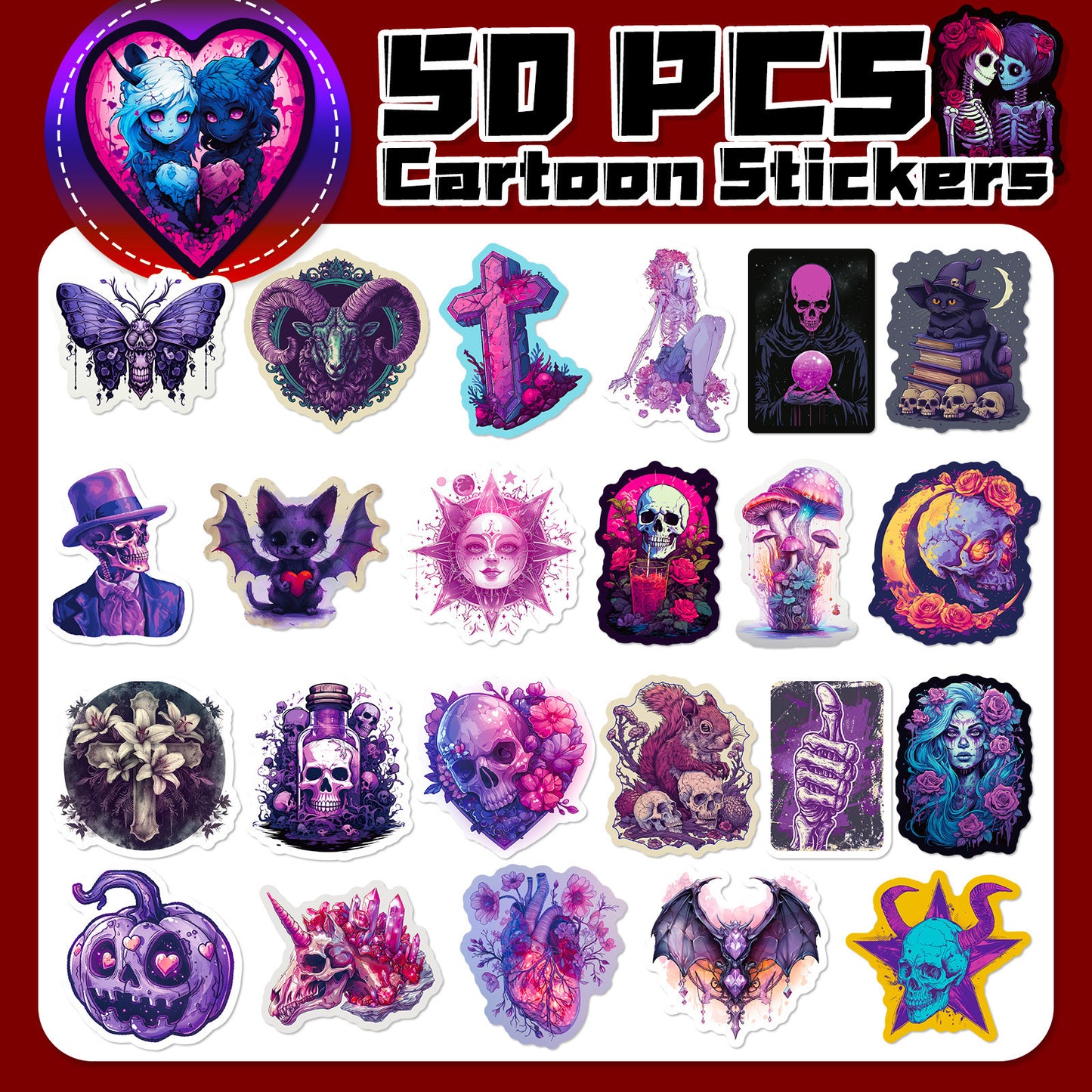 Halloween Stickers – 50pcs Gothic Purple Skull DIY Stickers