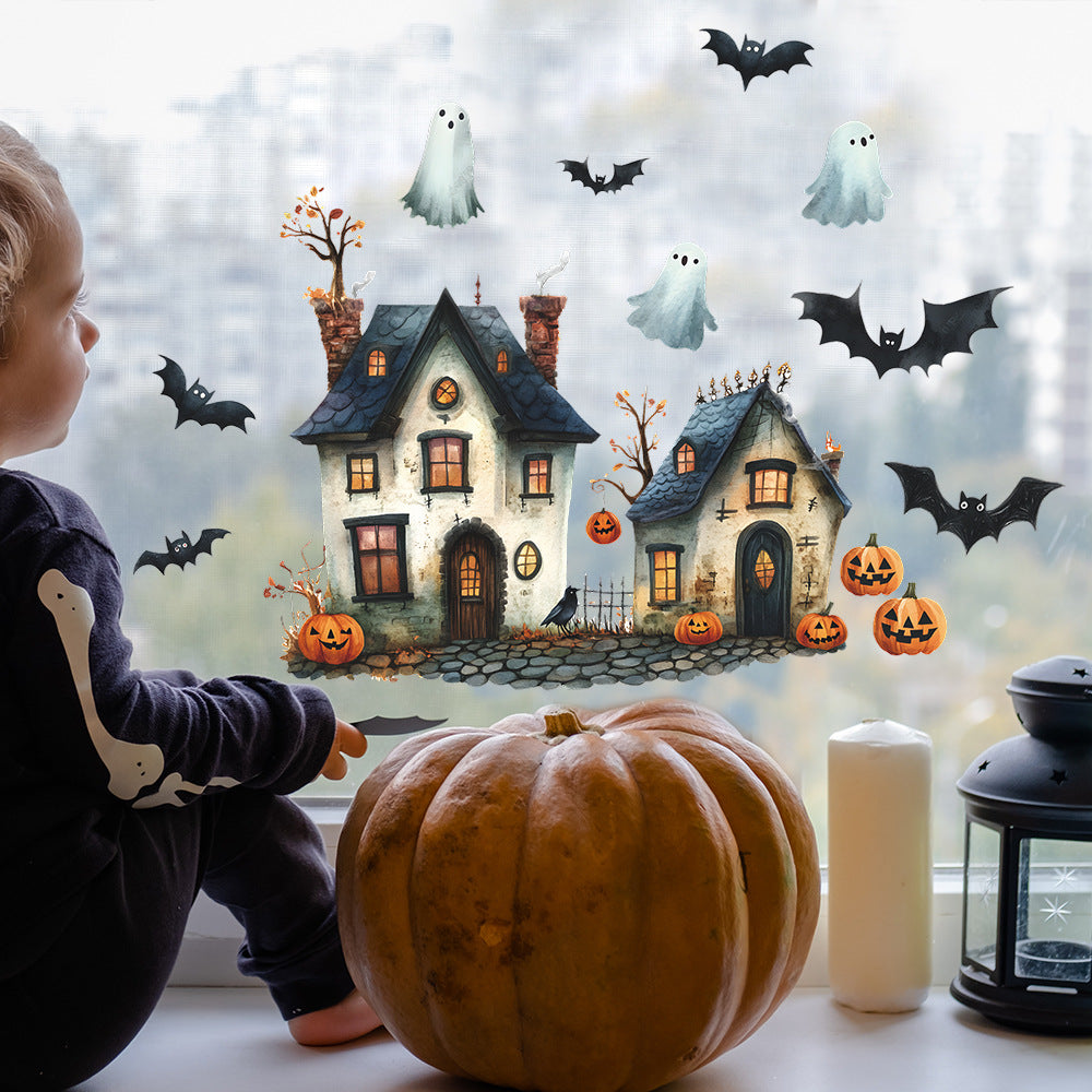 🏰🎃 Cute Halloween Castle Window Stickers – Static Cling Glass Decals with Pumpkins & Ghosts – Holiday Home Decor Kawaii Stickers
