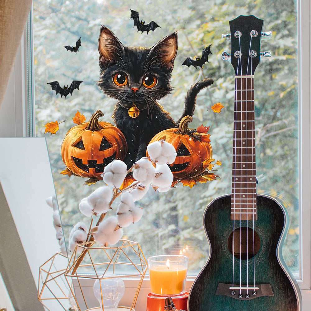 🎃 Halloween Black Cat & Pumpkin Electrostatic Window Sticker – No Glue Needed Kawaii Stickers