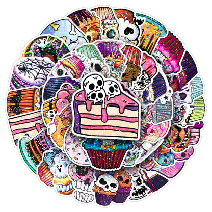 🎃 50 Pcs Halloween Holographic Stickers – Skulls, Cakes & DIY Fun Kawaii Stickers