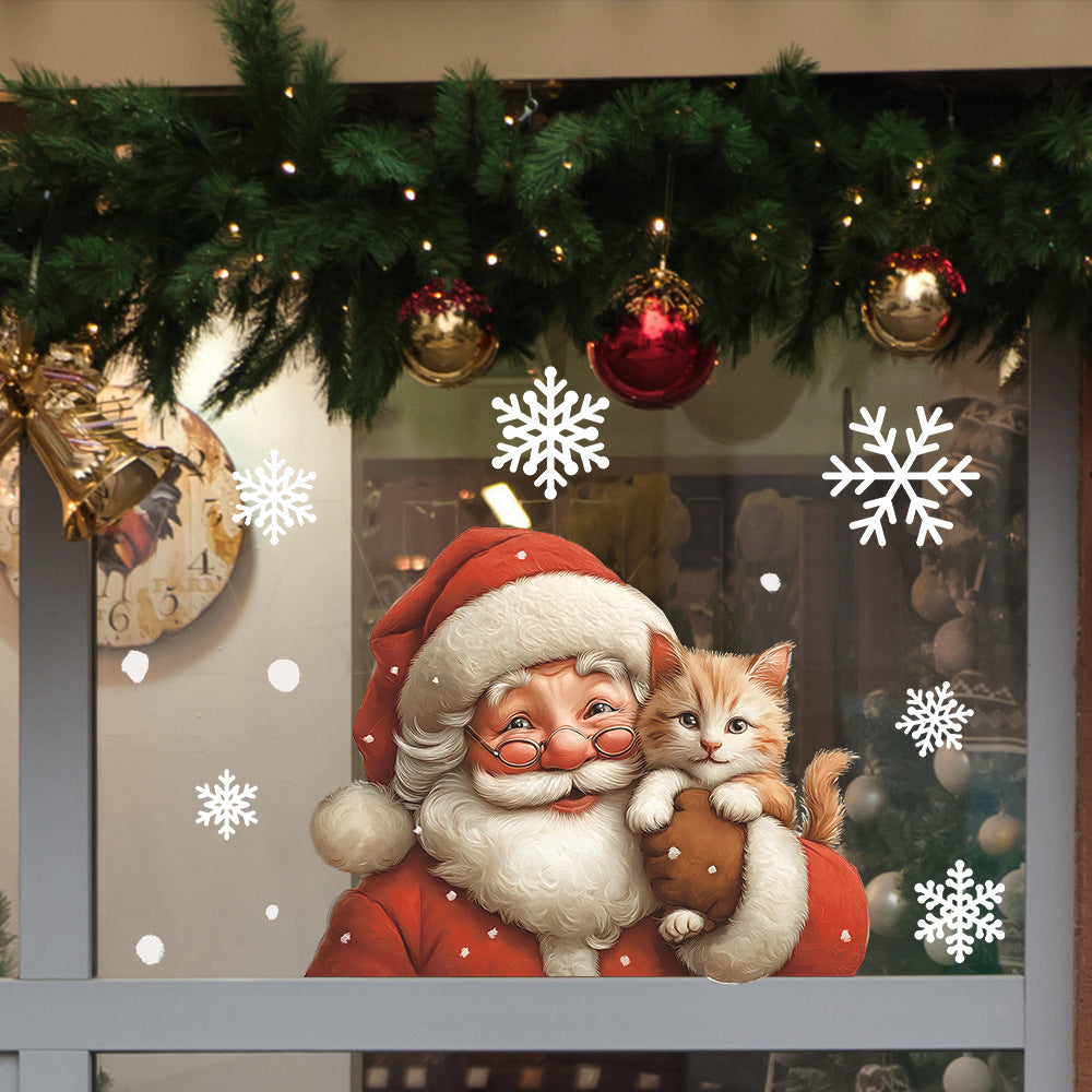 🎅 Christmas Santa Claus Snowflakes & Cat Window Stickers – Static Cling PVC ❄️🐱 Kawaii Stickers
