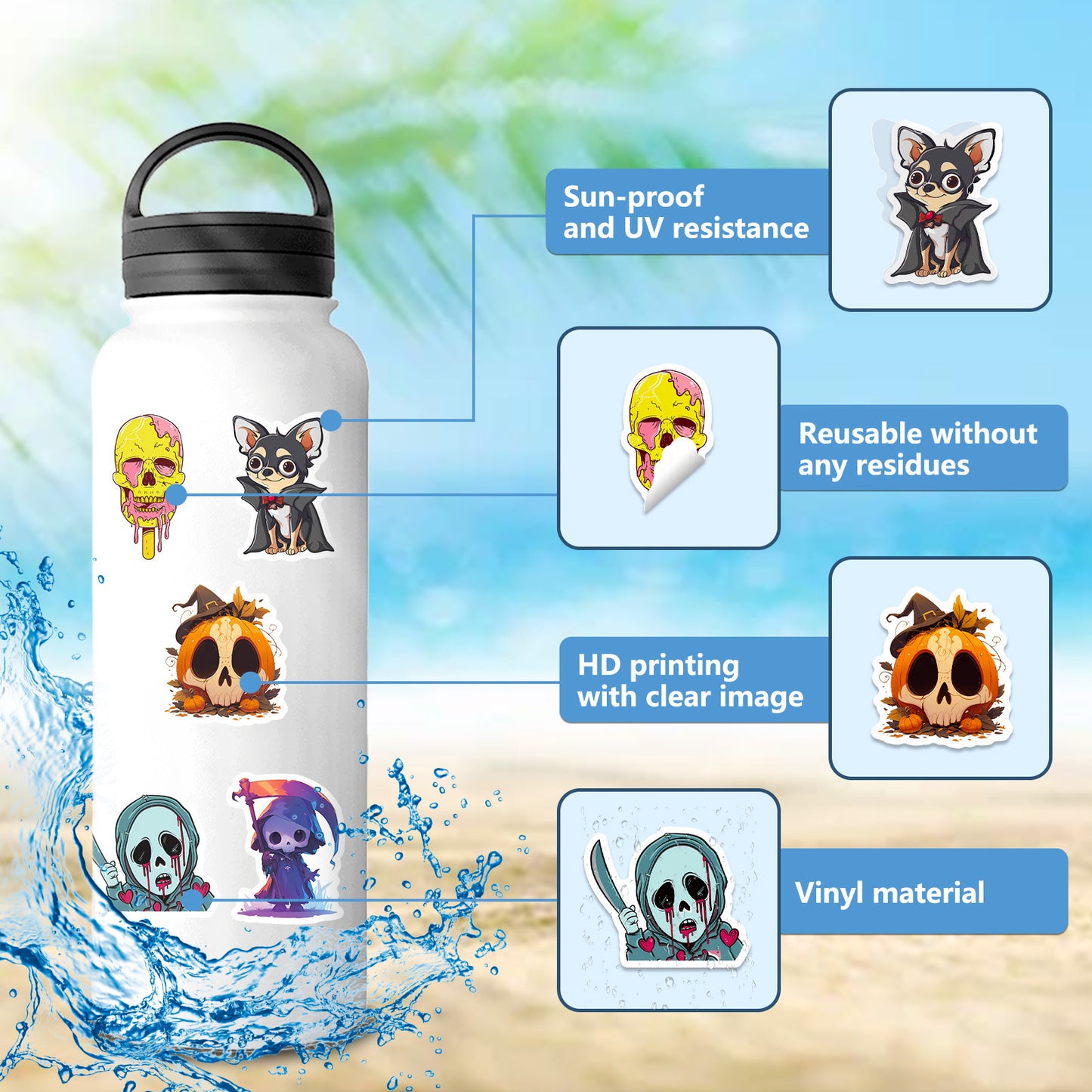 50pcs Halloween Stickers – Skulls, Pumpkins, Witches, Grim Reapers, Black Cats & Cute Doodle Decals Kawaii Stickers