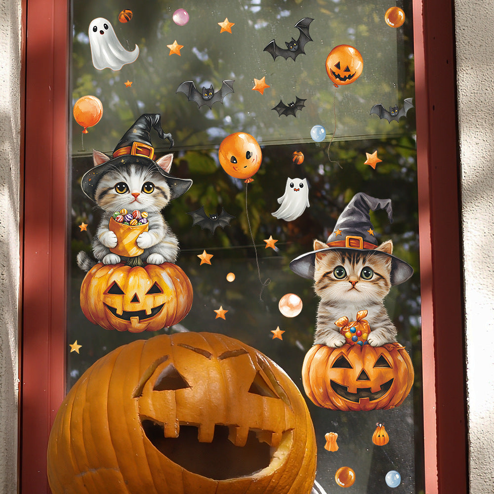 🐱🎃 Halloween Cat Window Stickers – Cute Cartoon Pumpkin & Bat Static Cling Decals – Home & Party Glass Decor Kawaii Stickers