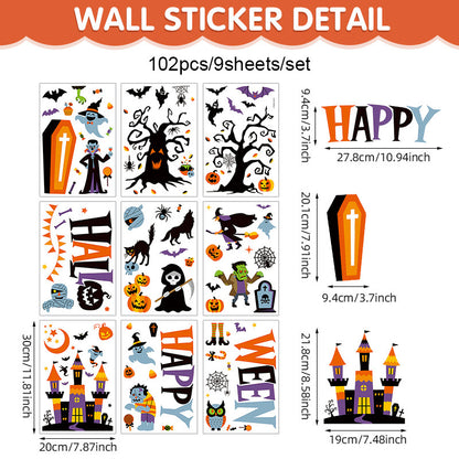Happy Halloween Window Stickers – Ghosts, Pumpkins & Bats – Static-Cling PVC Wall & Glass Decals for Spooky Home Party Décor 👻🕷️🌙 F 20*30cm*9pcs Kawaii Stickers